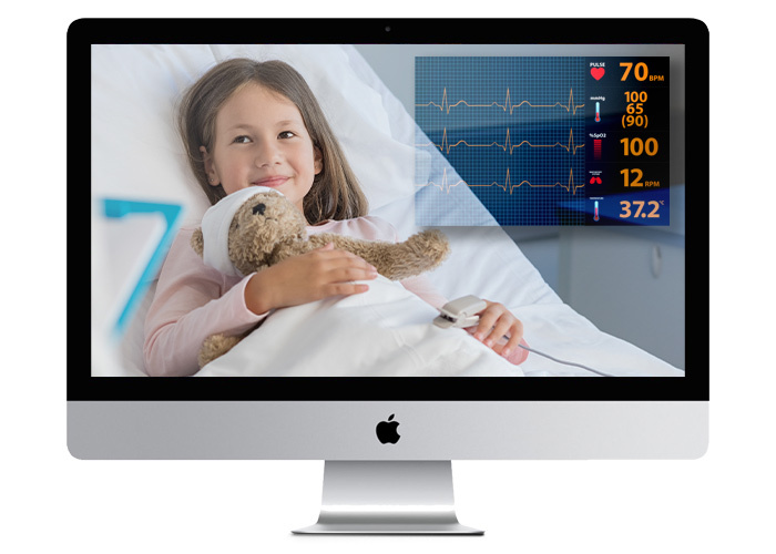 Live stream of hospitalized girl with analytics overlaid indicating heart rate, blood pressure, temperature, etc.